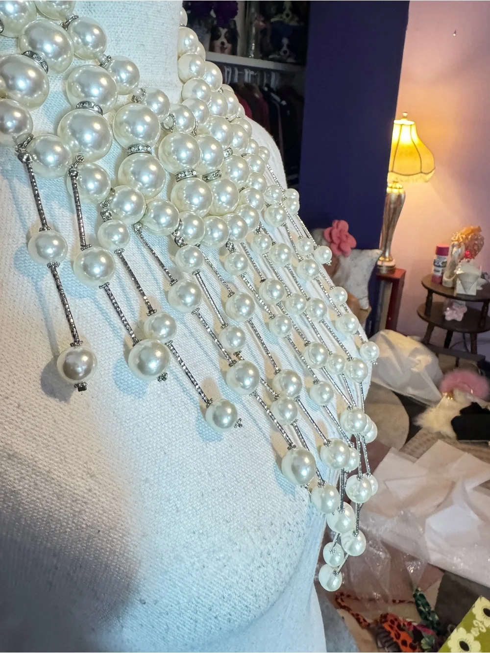 Elegant Pearl Fringe Statement Necklace - White Pearls